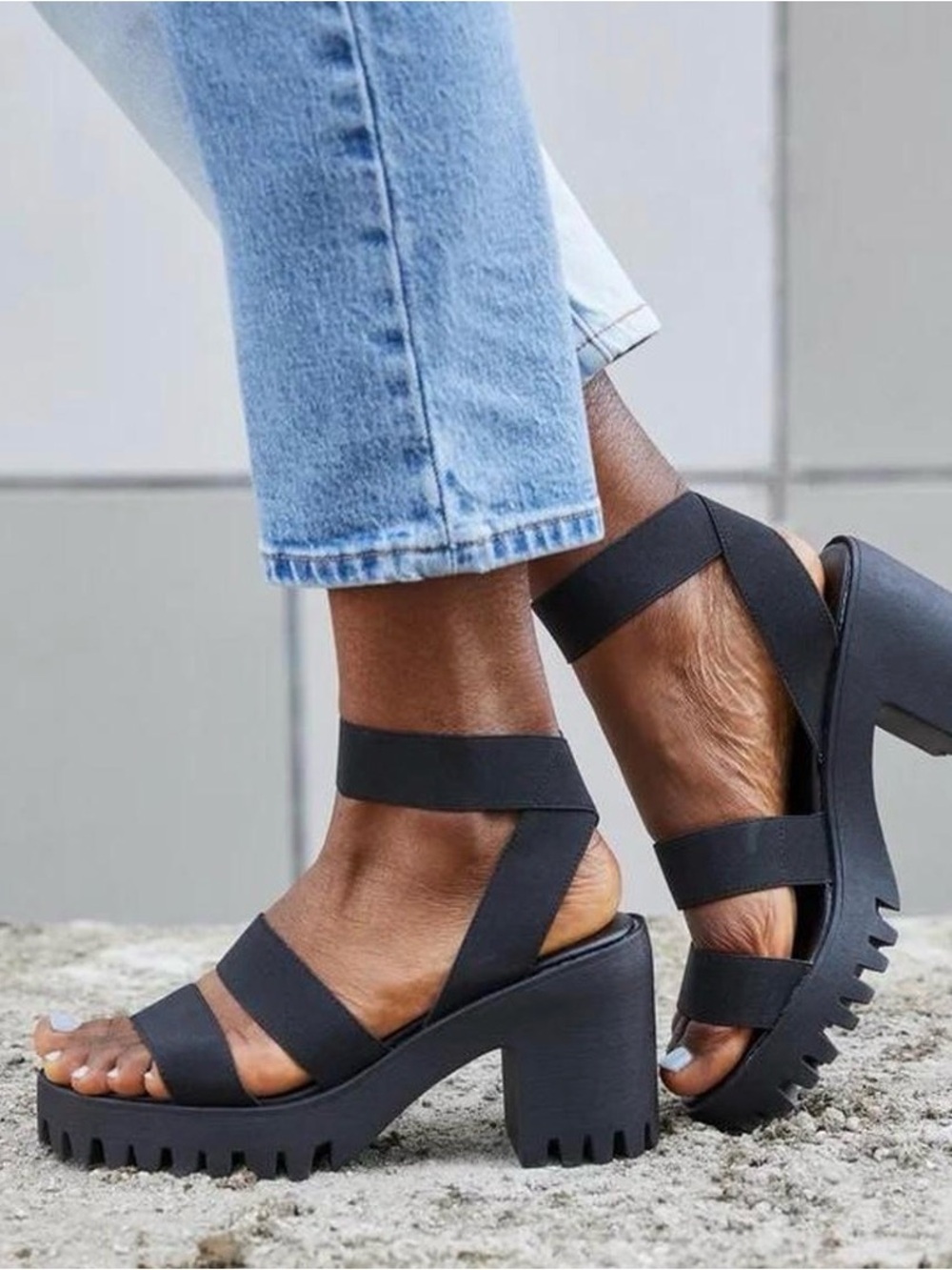 Madden Girl Black Chunky Lug-Heel Wedge Sandals